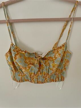 Rhythm. Mustard and Light Blue Floral Tie-Front Crop Top